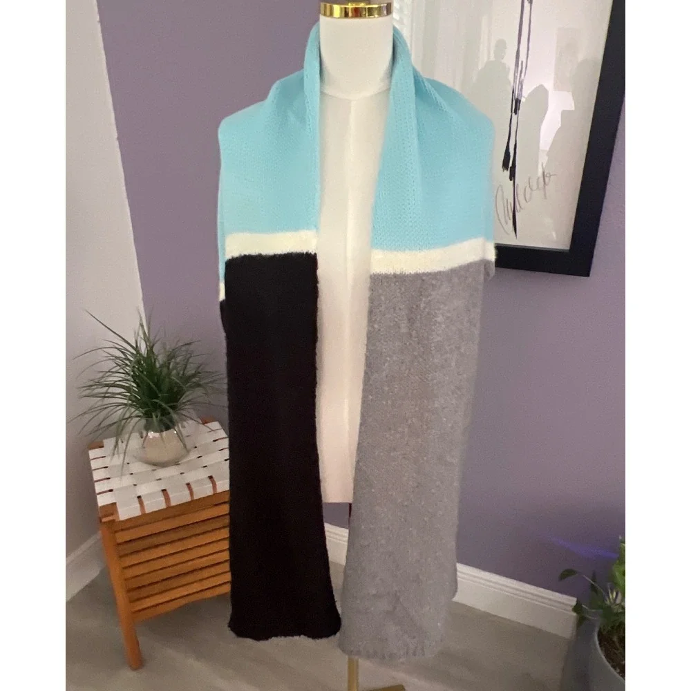 Calvin Klein Striped Knit Scarf Mint Green Turquoise Gray Black Wool Blend NWT